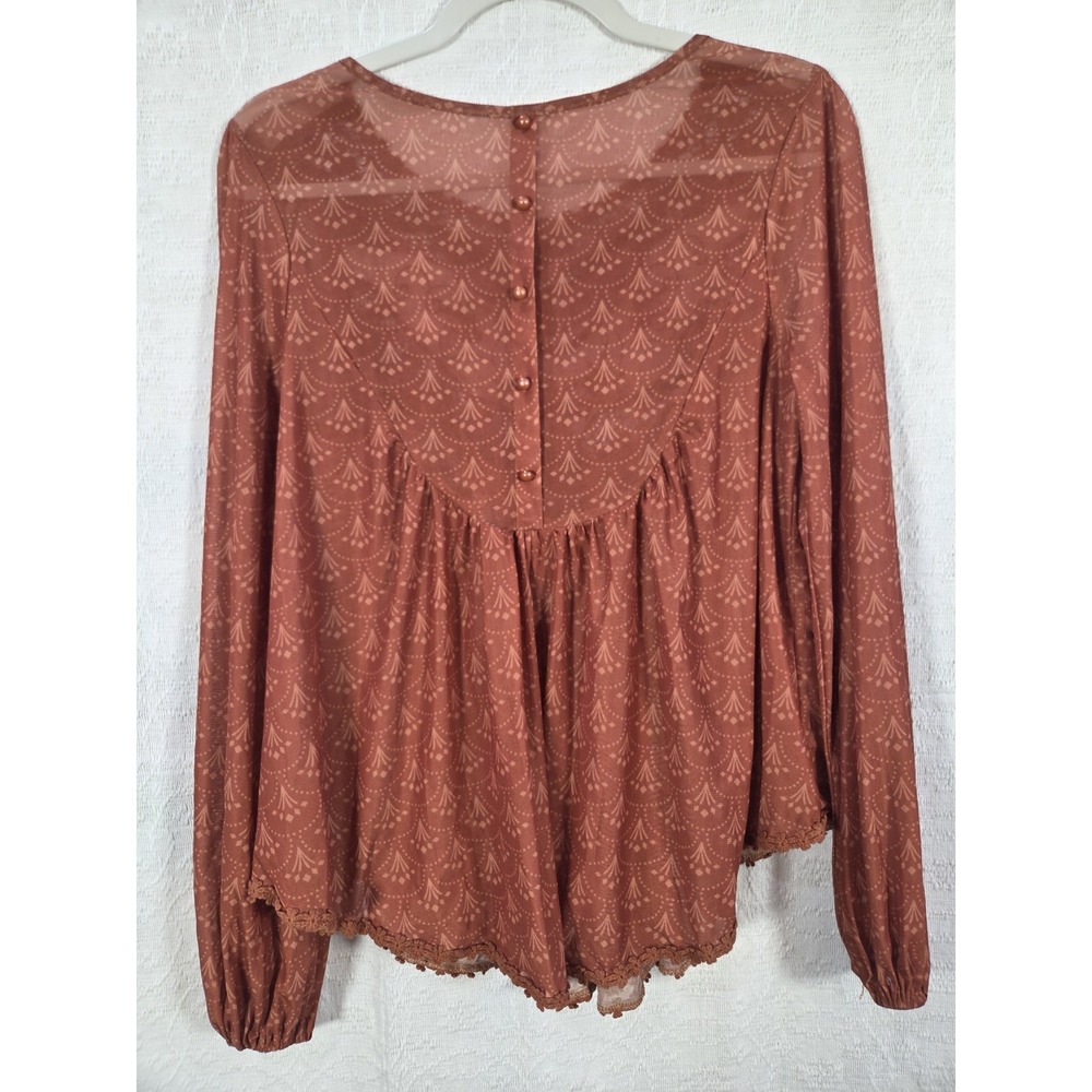 Vici Lace Inset Babydoll Blouse Womens Sm Rust Geometric Print Boho Peasant Top - Picture 5 of 7
